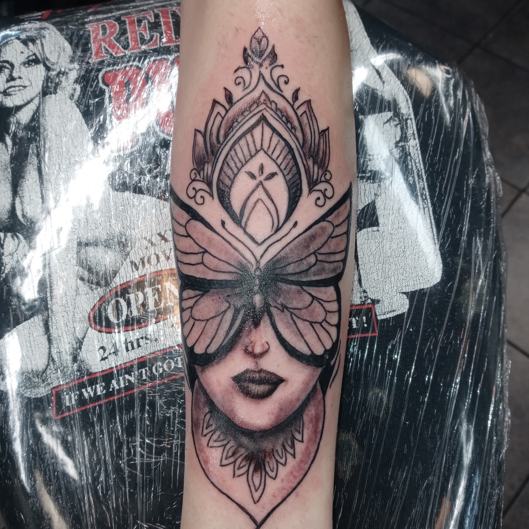 Illustrative woman and moth tattoo by Tony Parisi